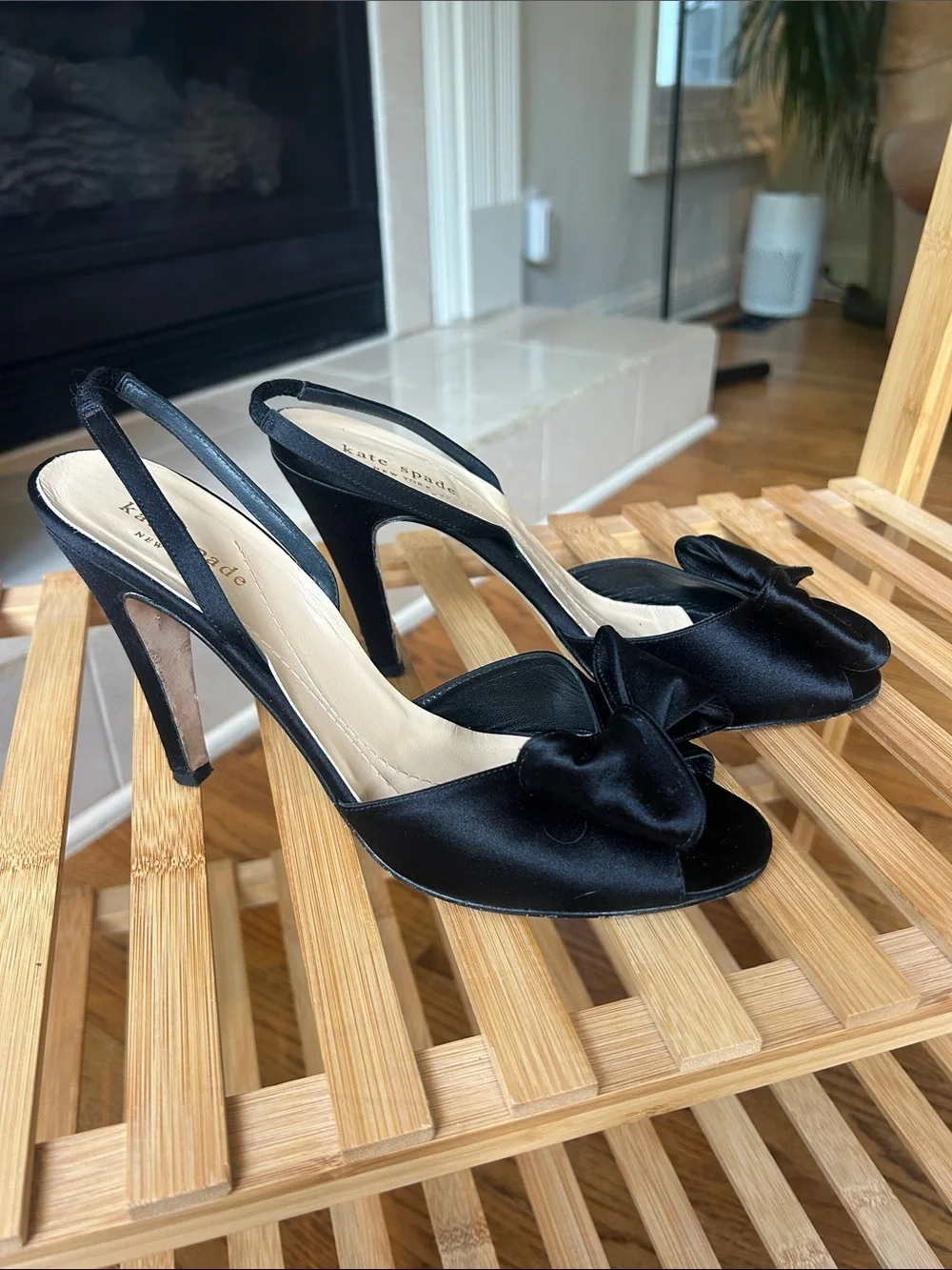 *can’t ship until 05/16* kate spade Black Satin Knot Peep-Toe Slingback Heels - Picture 2 of 3